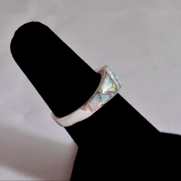 Sterling Silver Inlay White Lab Opal Band Ring - Picture 3 of 13